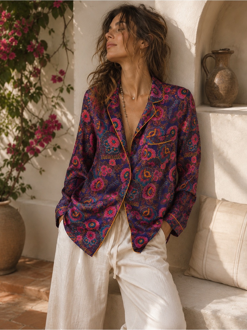 Floreat 100% Silk Floral Pajama Blouse | L